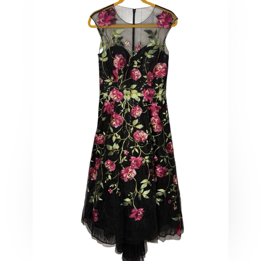 Rickie Freeman for TERI JON Floral Embroidered Illusion Gown Black/Magenta Sz 8